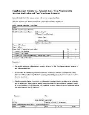 Fillable Online Supplementary Form To Sole Personal Joint Sole