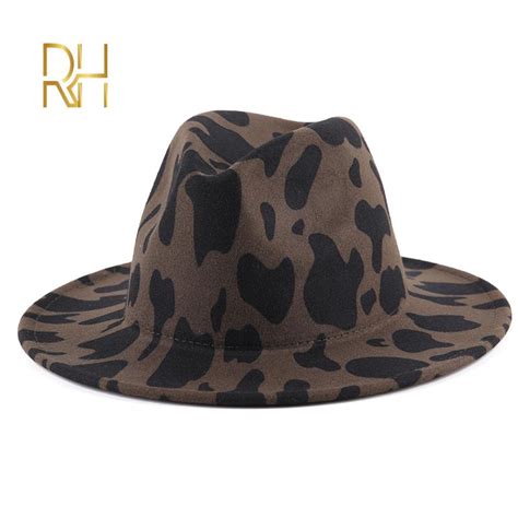 Men Women Wide Brim Wool Felt Cow Print Fedora Hat Grandado