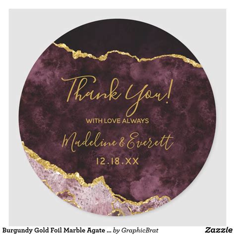 Burgundy Gold Foil Marble Agate Wedding Thank You Classic Round Sticker