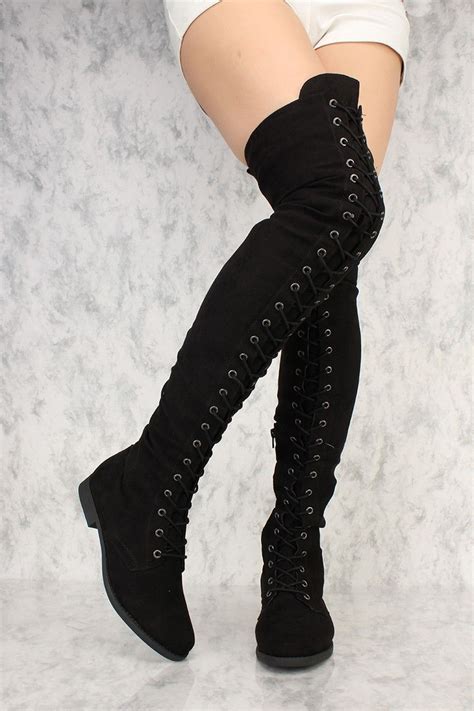 Black Front Lace Up Round Toe Thigh High Flat Boots Faux Suede Flat