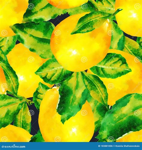 Watercolor Lemon Fruit With Leaves Seamless Pattern Stock Illustration Illustration Of