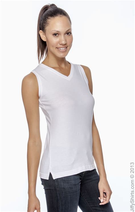 Lat 3584 White Womens Ringspun V Neck Sleeveless T Shirt