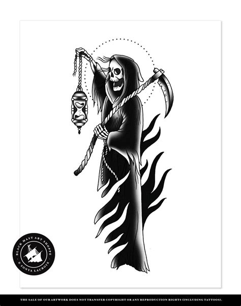 Grim Reaper Black And White Traditional Tattoo Flash Old School Art