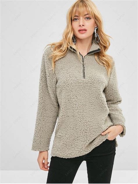 [32 Off] 2021 Half Zip Slit Fluffy Teddy Sweatshirt In Gray Zaful