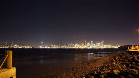 sea, city, cityscape, night, reflection, stars, beach, skyline