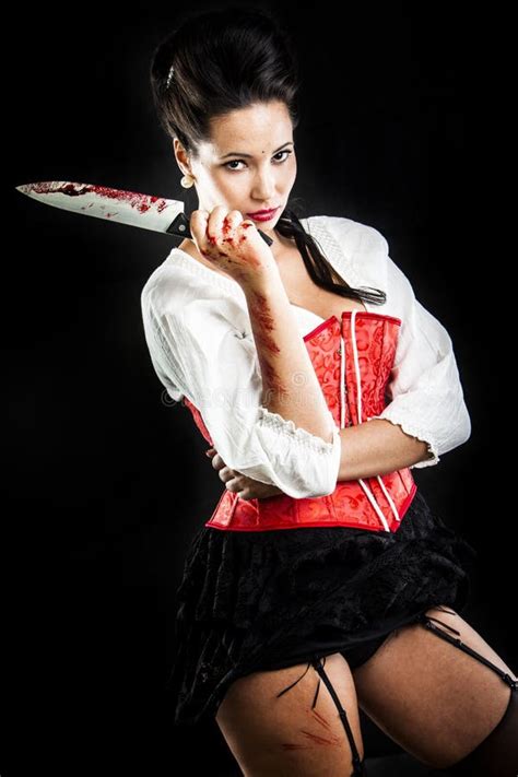 Attractive Brunette Woman With Bloody Knife Stock Image Image Of