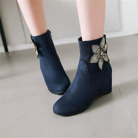 VKEKIEO Women Ankle Boots Round Toe High Heel Wedges Slip On Navy