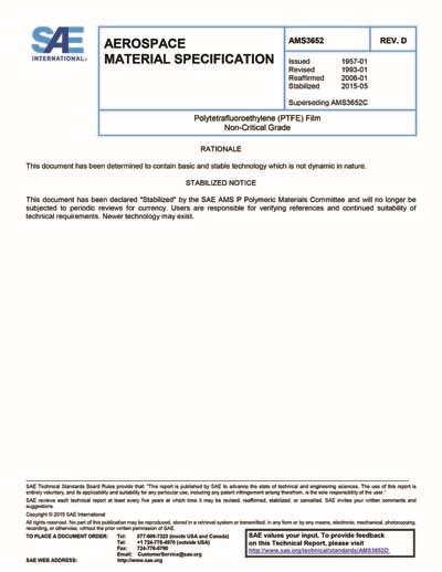 SAE AMS 3652D 2015 SAE AMS3652D 2015 Polytetrafluoroethylene PTFE