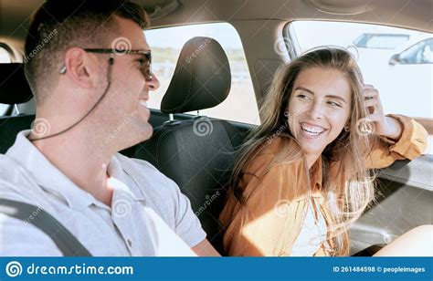 Road Trip Couple And Smile In Car Travel Together In Traffic For