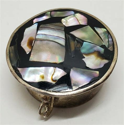 Vintage Alpaca Mexico Silver Abalone Shell Hinged Round Pill Trinket