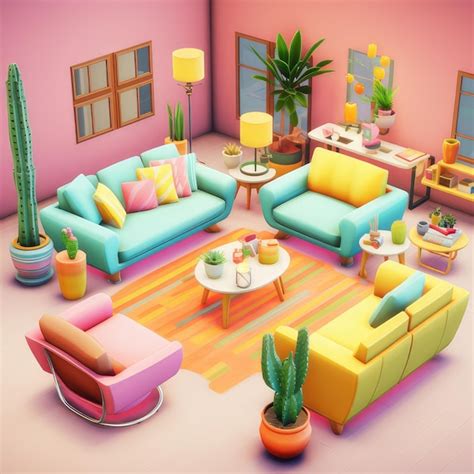 Premium Photo | 3D bright colorful furniture Drawing Room