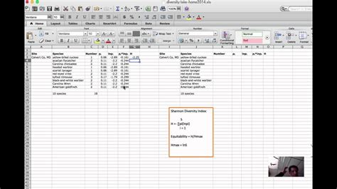 Diversity Calculation Shannon Diversity Index And Equitability In Excel Youtube