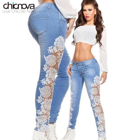 Sexy Women S Low Waist Lace Washed Denim Jeans Hollow Out Crochet Jeans