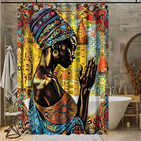 Ethnic African Woman Praying Shower Curtain Vibrant Colors Intricate Patterns Bathroom Decor