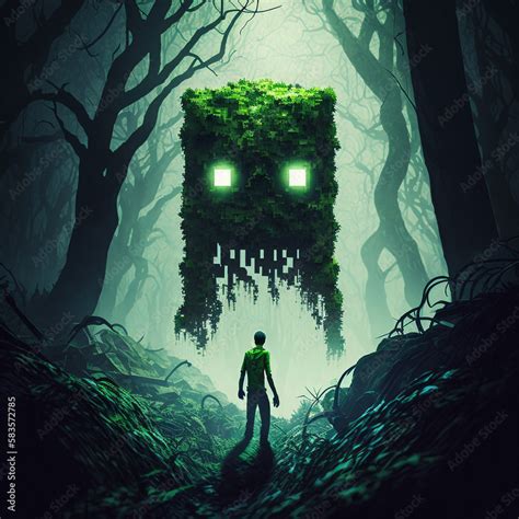 Minecraft creeper in creepy forest hd wallpaper Stock Illustration ...