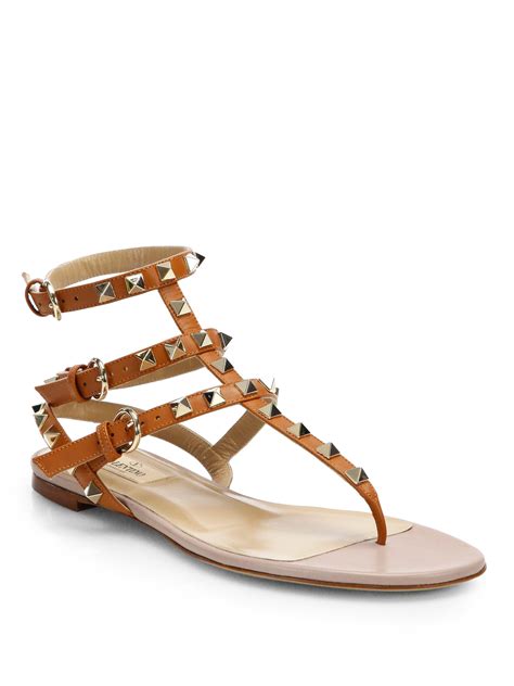 Valentino Rockstud Leather Gladiator Sandals In Brown Cognac Lyst