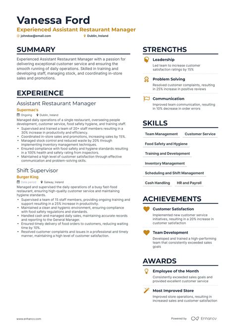 Assistant Restaurant Manager Resume Examples Guide For