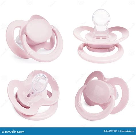 Collage Of Pale Pink Baby Pacifier On White Background Views From