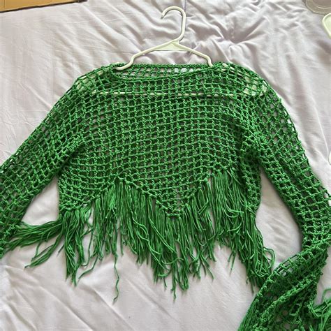 SHEIN Green Crochet Bikini Cover Long Sleeve Top Depop