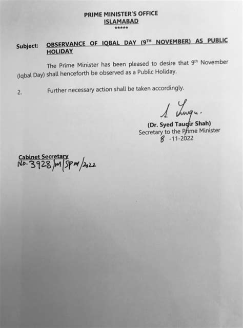 Federal Govt Announces Public Holiday On Nov 9 Pakistan Observer