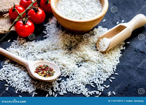 Ingredients for Paella on Dark Background Stock Photo - Image of ...