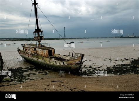 The River Thames At Grays In Essex Showing Old Trinity House Light Ship The Gull Rotting Away On