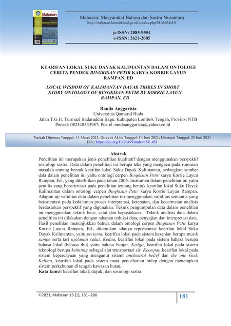 Pdf Kearifan Lokal Suku Dayak Kalimantan Dalam Ontologi Cerita Pendek