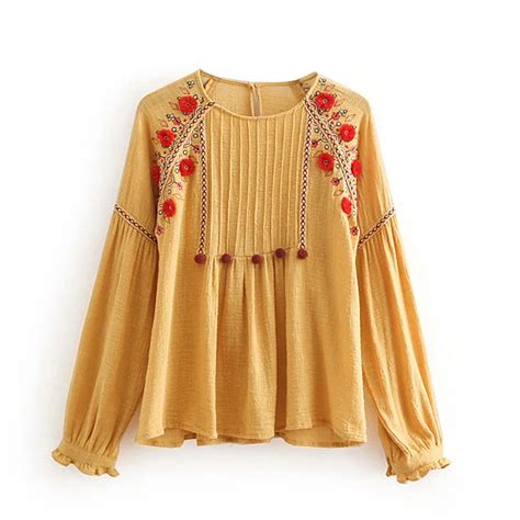 Teelynn Boho Blouses Yellow Linen Floral Embroidery Blouse Long Sleeve