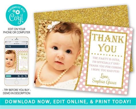 Pink And Gold Thank You Card Editable First Birthday Thank Etsy