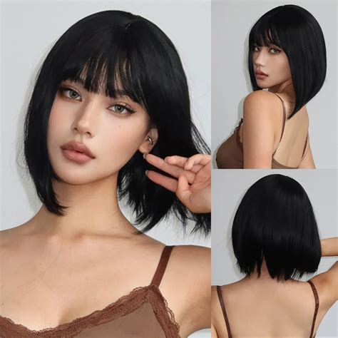 Easihair Short Straight Bob Wigs For Women Black Synthetic Natural Hair Wig With Bangs Heat