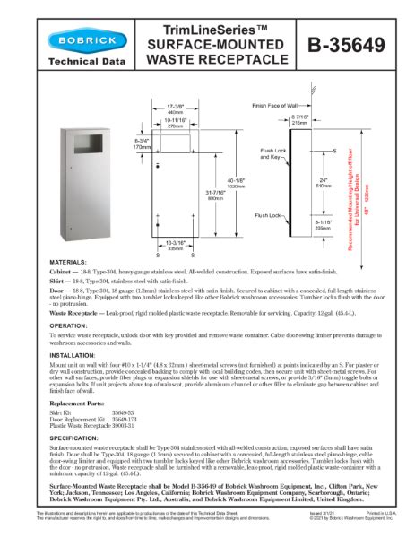 TrimLineSeries Surface Mounted Waste Receptacle B 35649 Bobrick