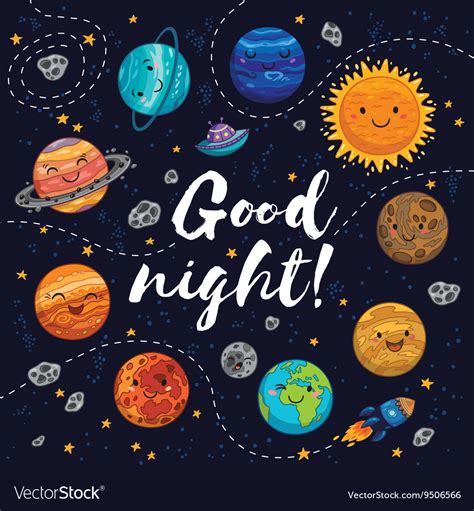 Good night - hand drawn poster with planets stars Vector Image