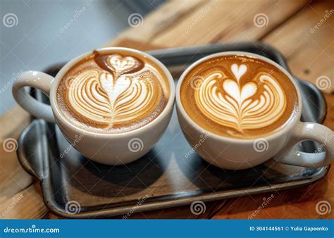 Two Latte With Heart Latte Art On A Tray Stock Image Image Of Latte