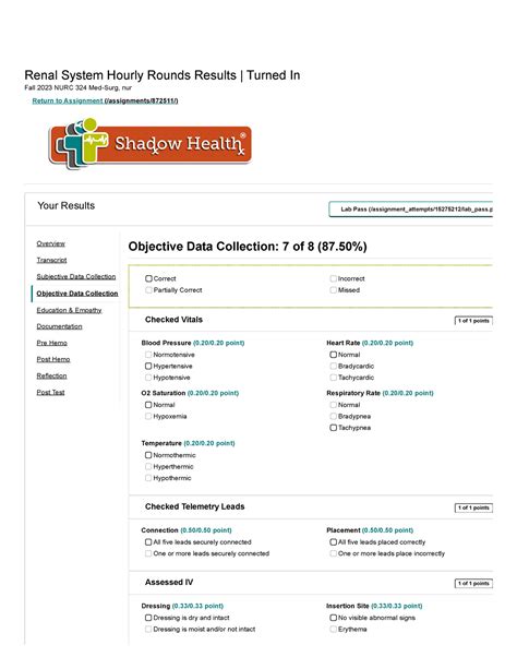 Arturo Objective Data Shadow Health Lab Renal System Hourly Rounds