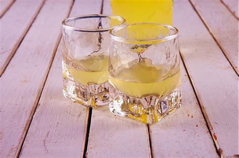 Background Limoncello Dalam Dua Bidikan Dan Botol Di Latar Belakang