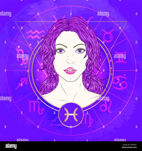 Vector Illustration Of Pisces Zodiac Sign And Portrait Beautiful Girl