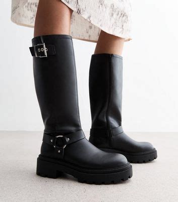 Black Leather Look Buckled Knee High Biker Boots New Look