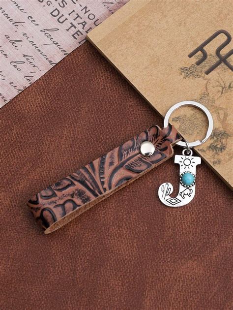 Pair Brown Leather Keychain With Floral Pattern Zinc Alloy Letter