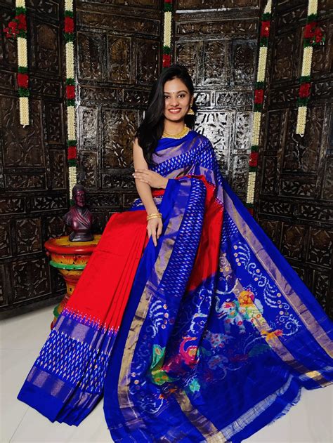 Pure Pochampally Ikkat Silk Saree Red And Dark Blue