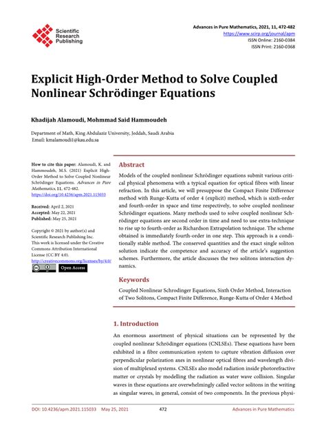 Pdf Explicit High Order Method To Solve Coupled Nonlinear Schrödinger