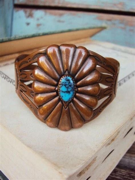 Vintage Wide Cuff Bracelet Navajo Copper Turquoise Marked Bell Etsy