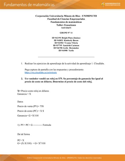 Taller Ecuaciones A6 Corporación Universitaria Minuto de Dios