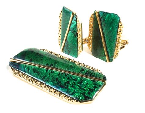 Signed BUTLER Emerald Green Jewelry Set Vintage Abalone Brooch And