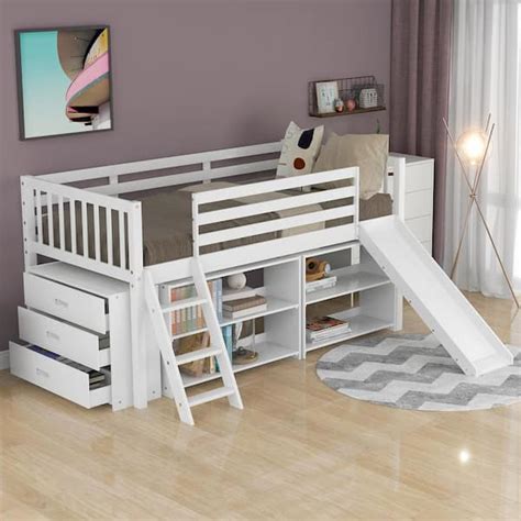 Urtr White Twin Loft Bed With Slide Wood Low Loft Bed With Attached