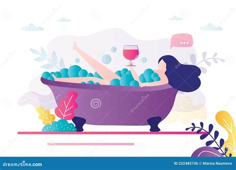 Cute Woman Taking Bath With Bubbles Female Character Relaxes In Bath With Foam Stock Vector