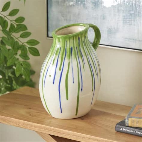 Litton Lane White Ceramic Decorative Vase With Green And Blue Drip