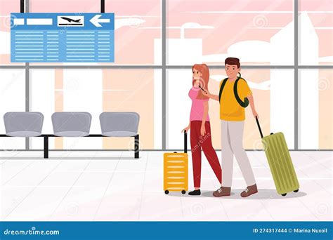 Young Happy Couple Walking Indoor At The Airport Stock Vector