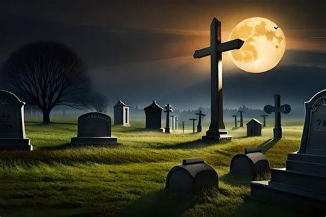 Premium Photo A Spooky Graveyard With A Full Moon In The Background