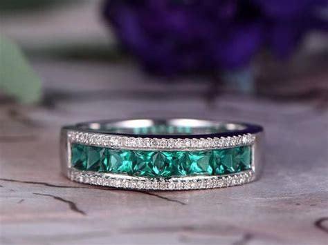 Emerald Wedding Band 14k White Gold Stackable Ring Promise Ring Half