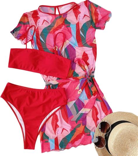 Makemechic Women S Piece Bikini Set Swimsuit With Mesh Cover Up Dress